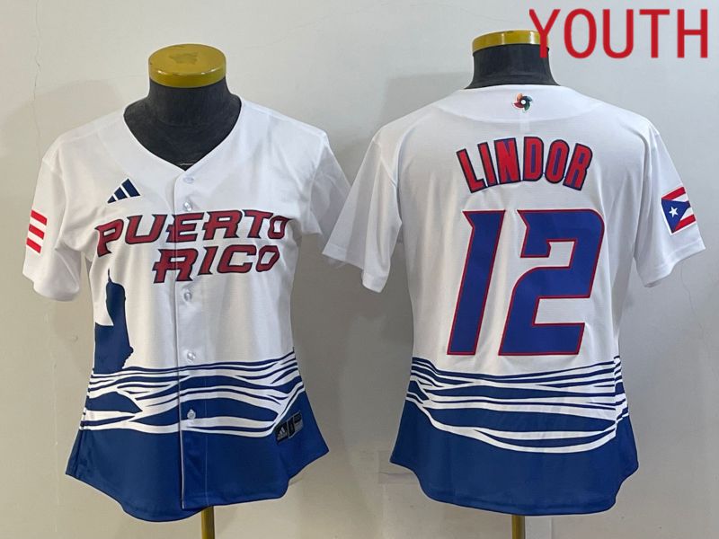 Youth 2023 World Cub Puerto Rico #12 Lindor White MLB Jersey->youth mlb jersey->Youth Jersey